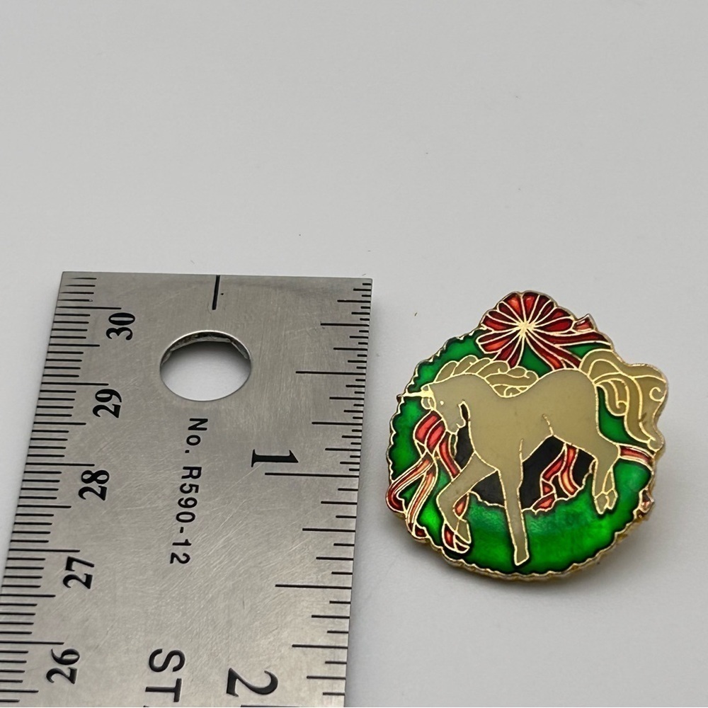 Vintage Small Novelty Red and Green Round Unicorn Pin Girl Power Red Ribbon - Picture 4 of 4